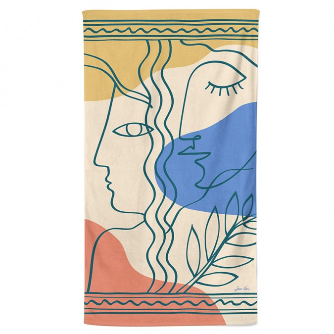 Beach towel with abstract face illustration in pastel 100% cotton