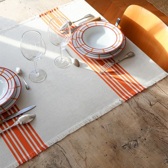 Maia Rouille table runner revisited with delicate fringes