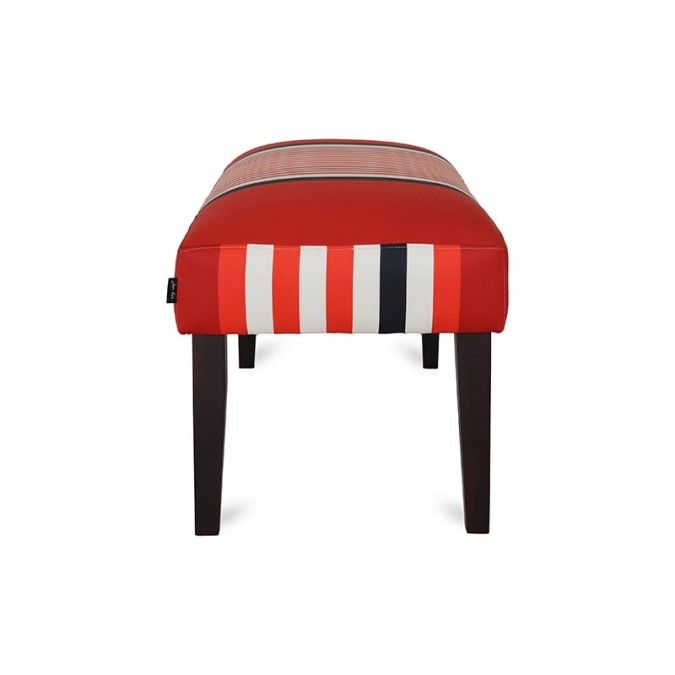 Red bench with white stripes and solid wood legs