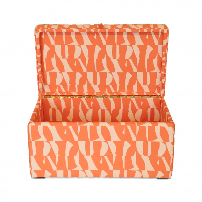 Chest, living room decoration, orange and ecru, graphic motif