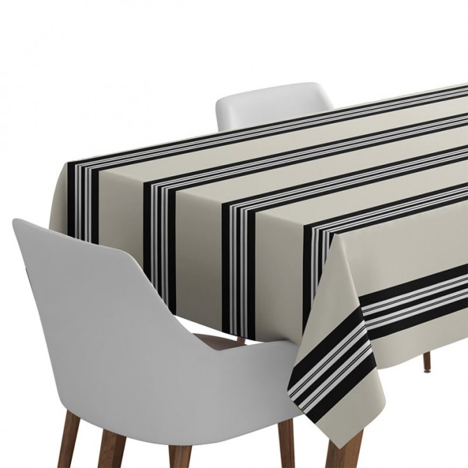 Mantel de rayas beige y negras para una mesa elegante y estilizada