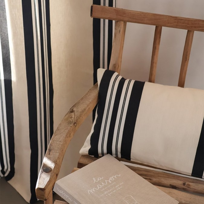 Beige and black striped linen and cotton cushion cover for refined interior decoration