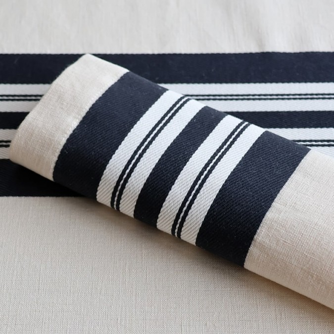 Linen and cotton tablecloth in beige, cream and black stripes, refined decoration