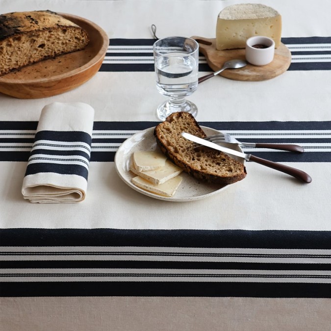 Beige and black striped tablecloth in high quality linen and cotton