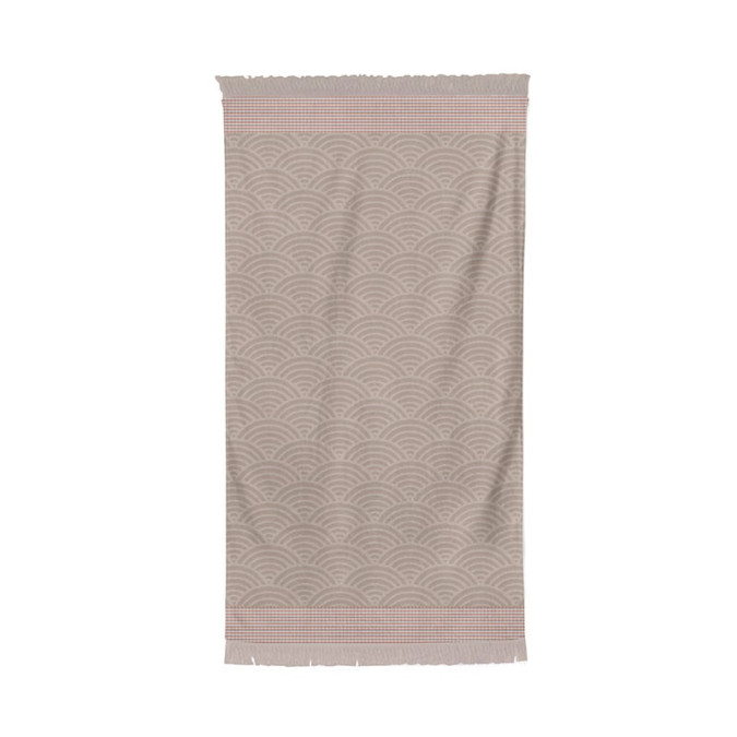 drap de plage gris et terracotta motif art déco en coton