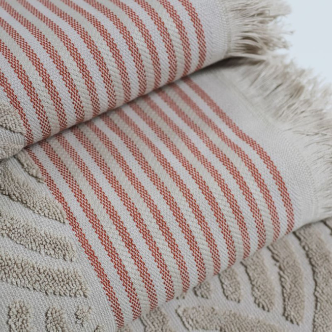 Grey and terracotta red cotton fringed shower sheet